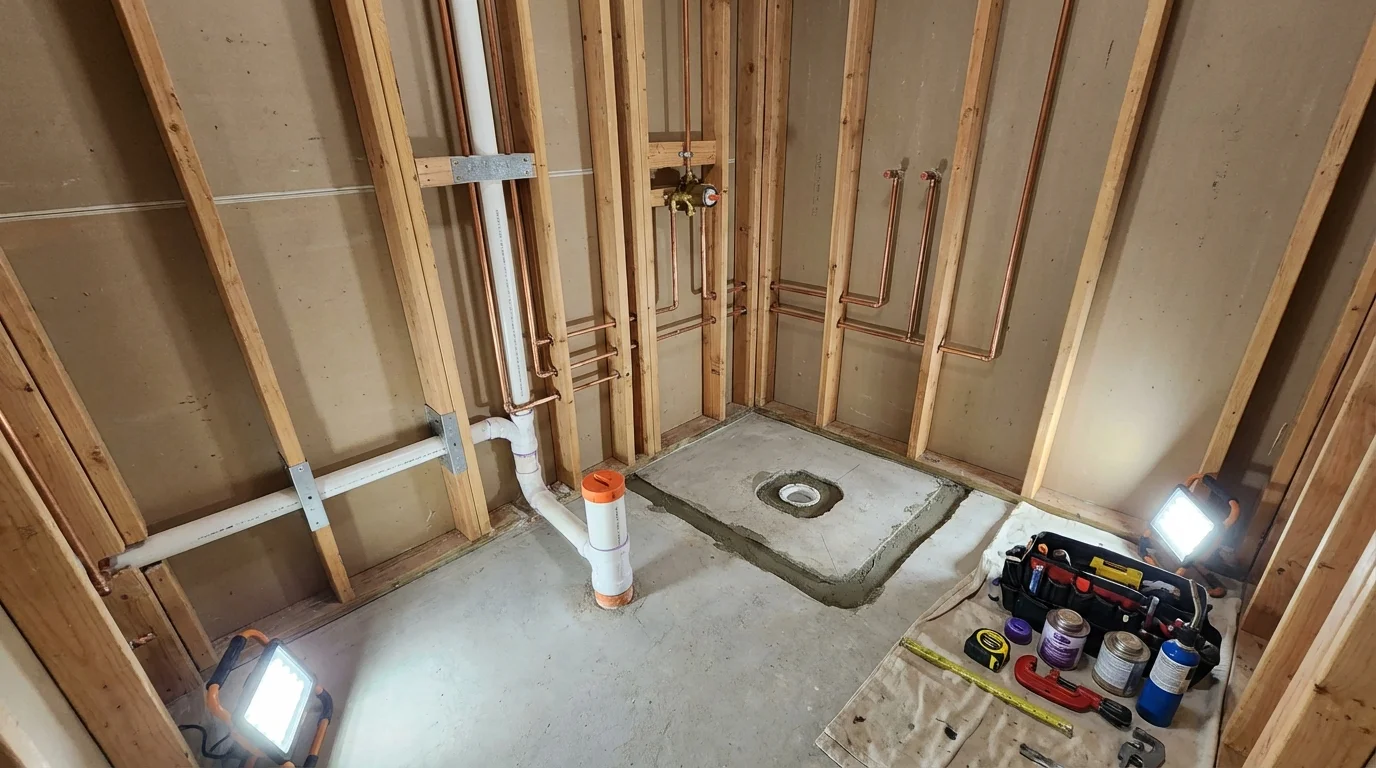 Bathroom rough-in plumbing during remodel by Johns Plumbing LLC in Charlestown