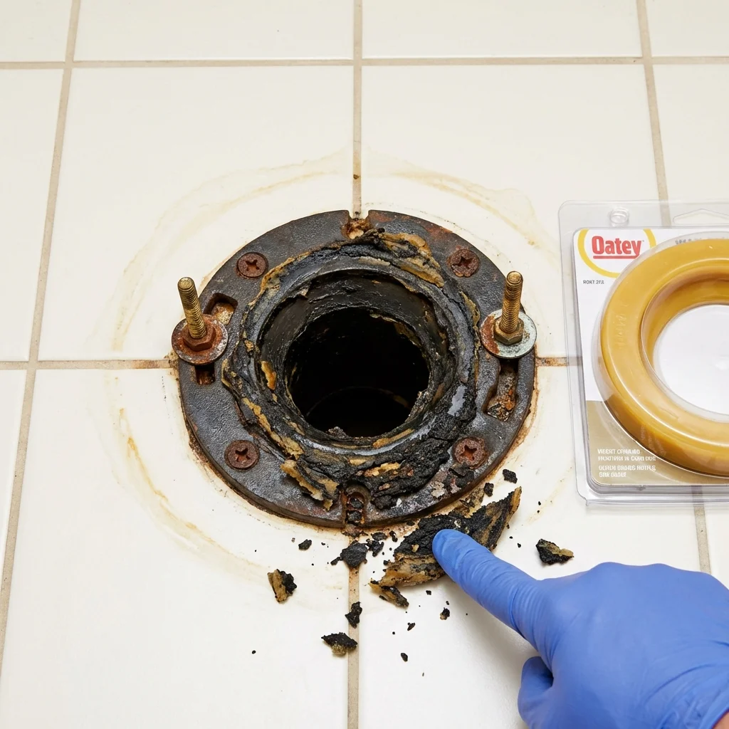 Failed wax ring showing water seepage at the base of a toilet in a Charlestown, RI home