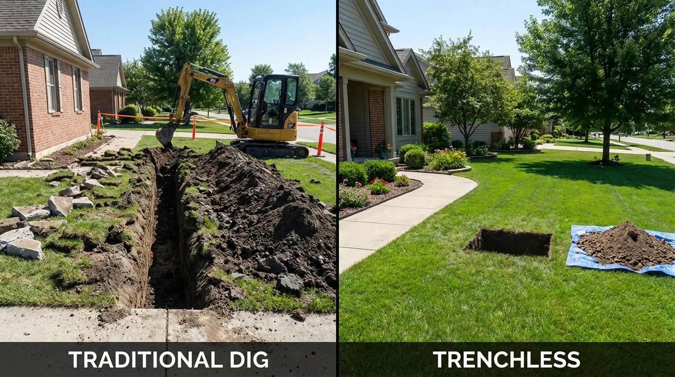 Trenchless sewer repair with minimal yard damage versus traditional excavation in Charlestown, RI