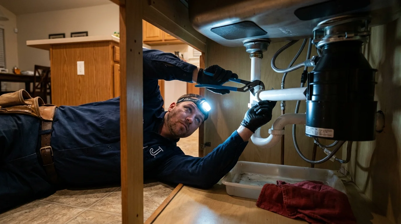 P-trap and supply line connections under a kitchen sink showing a common leak point in Charlestown, RI